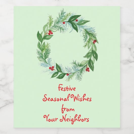 Handgeschilderde Waterverf kerstvakantie krans Wijn Etiket (Enkel label)