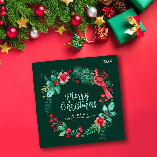 Handgeschilderde Waterverf krans met groen Feestdagenkaart