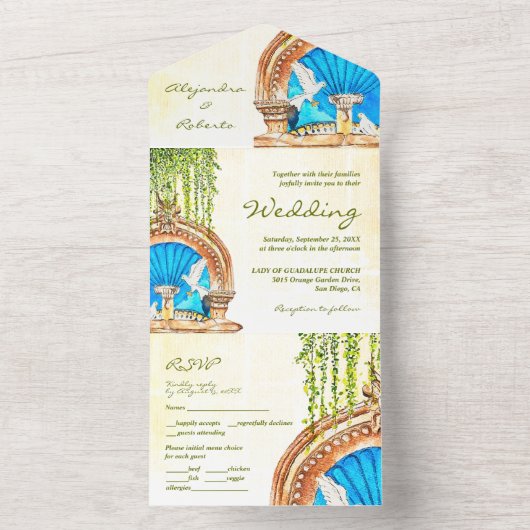 Handgeschilderde Waterverf Old Mexico bruiloft All In One Uitnodiging (Binnen)