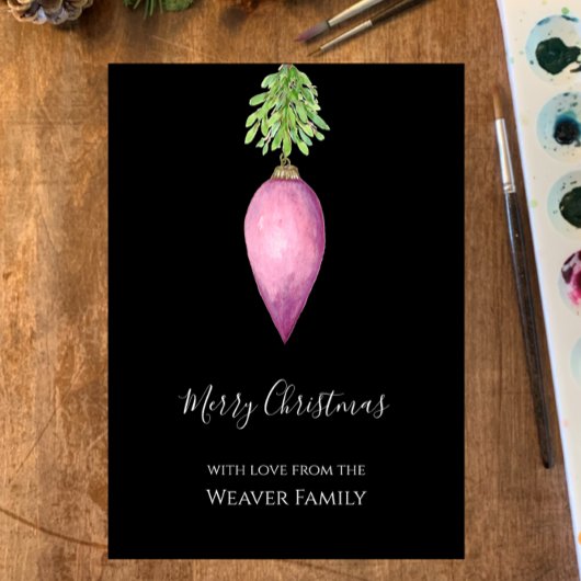 Handgeschilderde Waterverf roze kerstbal Feestdagenkaart