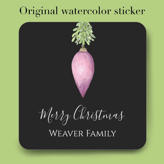 Handgeschilderde Waterverf roze kerstbal Vierkante Sticker