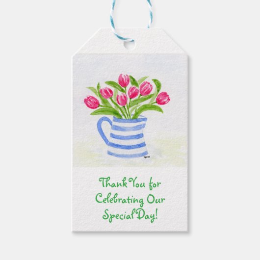 Handgeschilderde Waterverf Tulpen, Blue Stripe Pit Cadeaulabel (Voorkant)