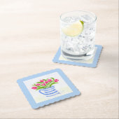 Handgeschilderde Waterverf Tulpen, Blue Stripe Pit Kartonnen Onderzetters (Insitu)