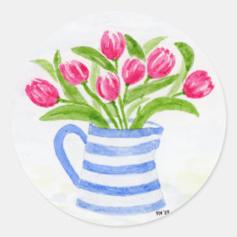 Handgeschilderde Waterverf Tulpen, Blue Stripe Pit Ronde Sticker