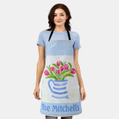 Handgeschilderde Waterverf Tulpen, Blue Stripe Pit Schort (Gedragen)