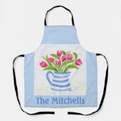 Handgeschilderde Waterverf Tulpen, Blue Stripe Pit Schort (Voorkant)