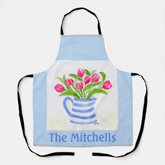 Handgeschilderde Waterverf Tulpen, Blue Stripe Pit Schort (Voorkant)