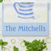 Handgeschilderde Waterverf Tulpen, Blue Stripe Pit Theedoek (Gevouwen)