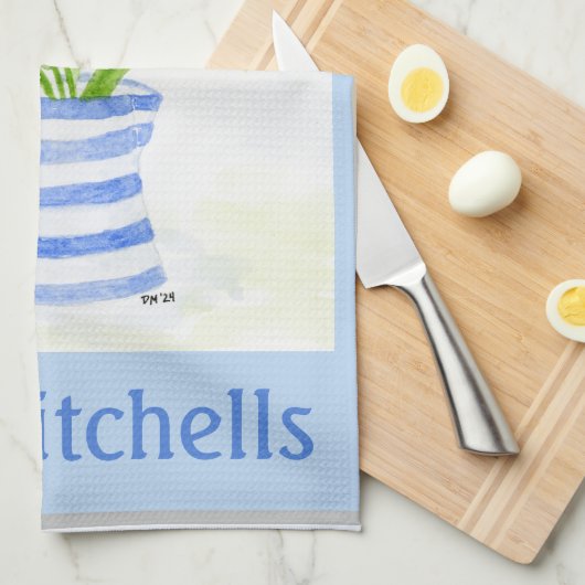 Handgeschilderde Waterverf Tulpen, Blue Stripe Pit Theedoek (Quarter Fold)