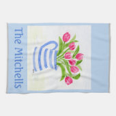 Handgeschilderde Waterverf Tulpen, Blue Stripe Pit Theedoek (Horizontaal)