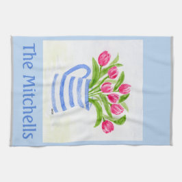 Handgeschilderde Waterverf Tulpen, Blue Stripe Pit Theedoek