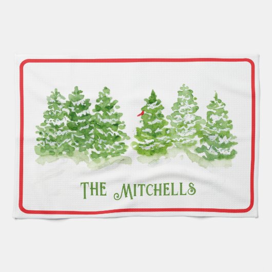 Handgeschilderde winterbomen PERSONALISEREN NAAM Theedoek (Horizontaal)