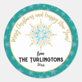 Handgeschilderde witte Aqua Sneeuwvlokken Vakantie Ronde Sticker