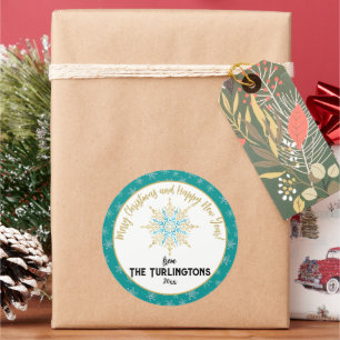 Handgeschilderde witte Aqua Sneeuwvlokken Vakantie Ronde Sticker