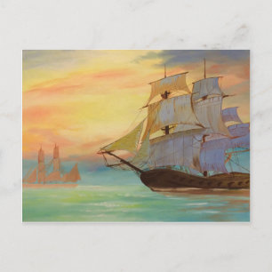 Handgeschilderde zonsondergang zeilschepen Nautisc Briefkaart