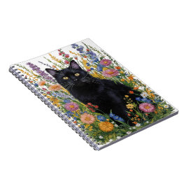 Handgeschilderde Zwarte Kat & Bloemen Borduurwerk Notitieboek