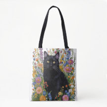 Handgeschilderde Zwarte Kat & Bloemen Borduurwerk 