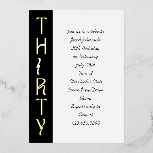 Handgeschreven 30e verjaardag Zwart Wit en Goud Folie Uitnodiging (Voorkant)