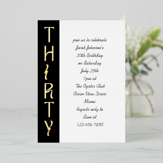 Handgeschreven 30e verjaardag Zwart Wit en Goud Folie Uitnodiging (Staand Voorkant)