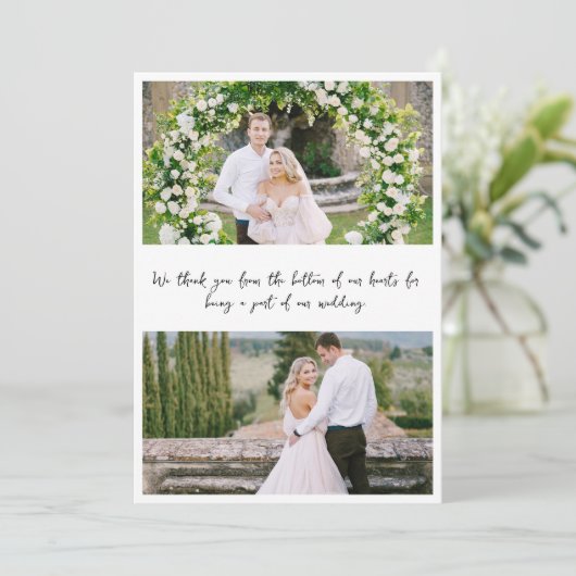 Handgeschreven 4 foto bruiloft bedankkaart (Staand voorkant)
