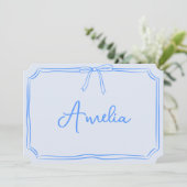 Handgeschreven aangepaste naam Coquette Bow Blue N Kaart (Staand voorkant)