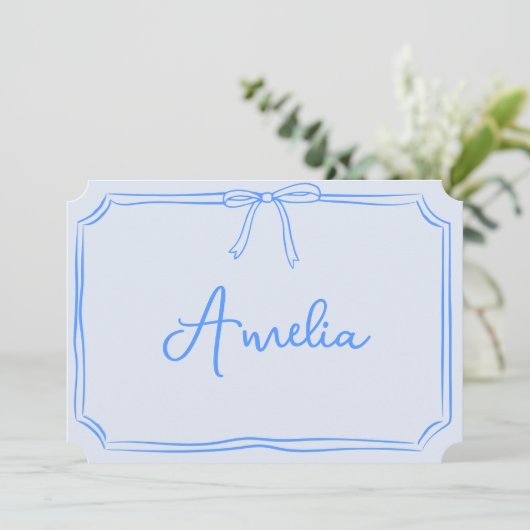 Handgeschreven aangepaste naam Coquette Bow Blue N Kaart (Staand voorkant)