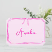 Handgeschreven aangepaste roze strik esthetische n kaart (Staand voorkant)