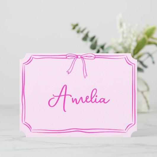 Handgeschreven aangepaste roze strik esthetische n kaart (Staand voorkant)