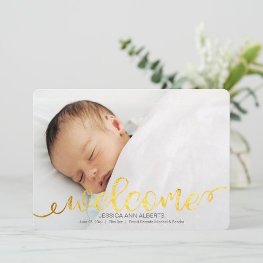 Handgeschreven Baby geboortefotopublicatiekaart Aankondiging (Staand voorkant)