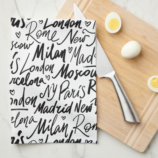Handgeschreven beroemde steden van het Wereld Patr Theedoek (Quarter Fold)