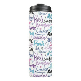 Handgeschreven beroemde steden van het Wereld Patr Thermosbeker