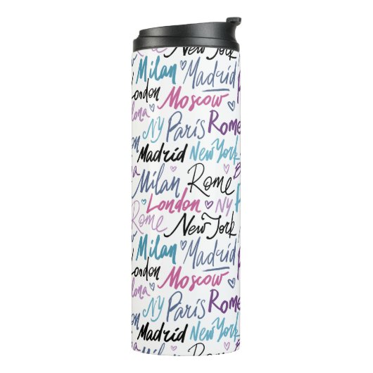 Handgeschreven beroemde steden van het Wereld Patr Thermosbeker (Gedraaid links)