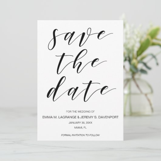 Handgeschreven bewaar de datumkaart | zwart-wit save the date (Staand voorkant)