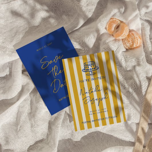 Handgeschreven Blauw Geel Strepen Italië Trouwen Save The Date