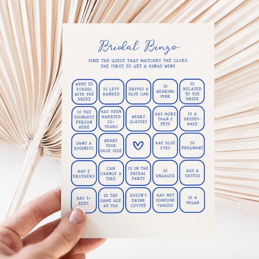 Handgeschreven Blue Bridal Bingo Kaart