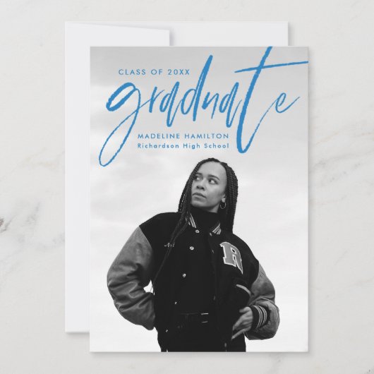 Handgeschreven Blue Brush Script 4 Photo Afstudere Aankondiging (Voorkant)