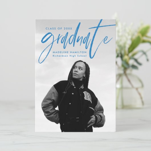 Handgeschreven Blue Brush Script 4 Photo Afstudere Aankondiging (Staand voorkant)