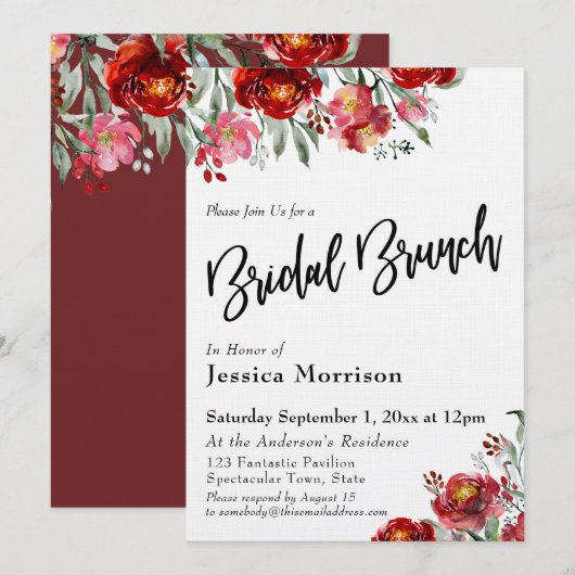 Handgeschreven Bridal Brunch Burgundy Red Flowers Kaart (Voorkant / Achterkant)