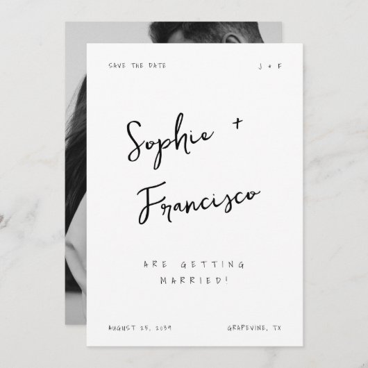 Handgeschreven bruid- en bruidegomnamen Franse bru Save The Date (Voorkant / Achterkant)