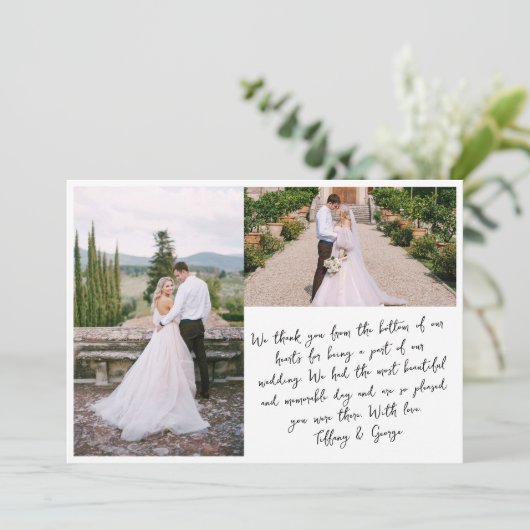 Handgeschreven bruiloft dank u fotokaart bedankkaart (Staand voorkant)