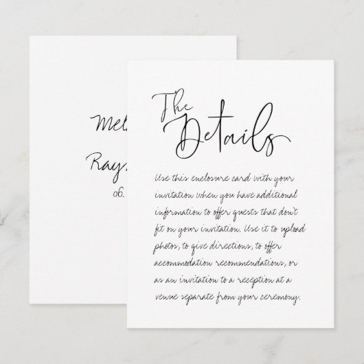 Handgeschreven bruiloft de gegevens behuizing Kaar Informatiekaartje (Voorkant / Achterkant)