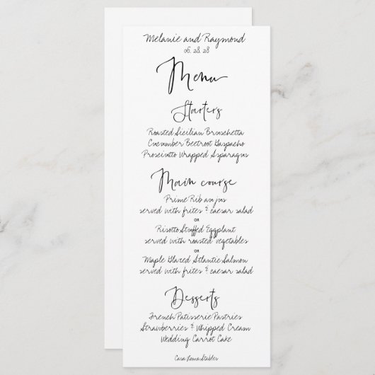 Handgeschreven bruiloft diner menu (Voorkant / Achterkant)