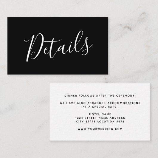 Handgeschreven bruiloft — zwart informatiekaartje (Voorkant / Achterkant)