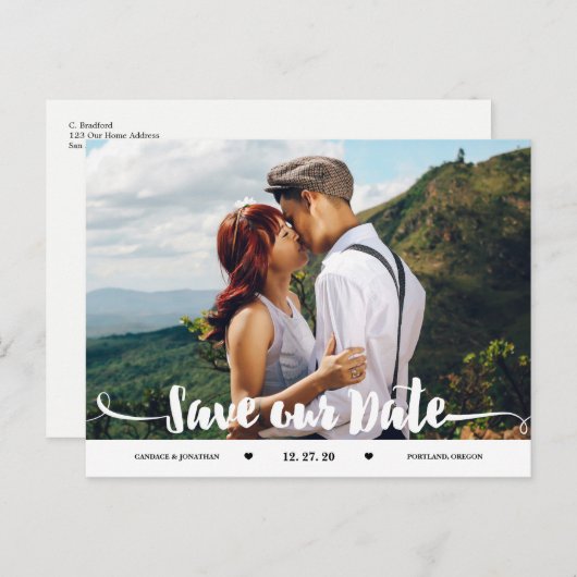 Handgeschreven Brush Script Foto Sla de datum op Aankondigingskaart (Voorkant / Achterkant)