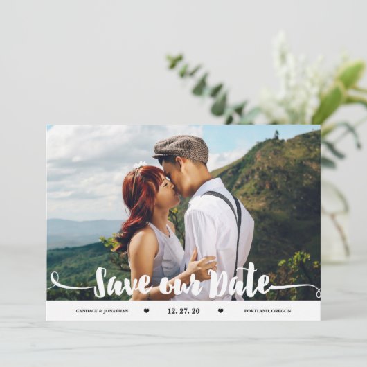 Handgeschreven Brush Script Foto Sla de datum op Save The Date (Staand voorkant)