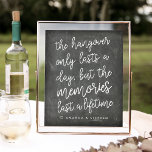 Handgeschreven Chalkboard Style Weddenschap Hangov Poster<br><div class="desc">Pas dit schattige handgeschreven poster van het krijtbord aan met uw namen voor een schattige en grappige toevoeging aan uw trouwbalgebied of receptie. Het moderne en charmerende zwarte en witte ontwerp kenmerkt "de kater duurt slechts een dag,  maar de herinneringen duren een leven"in witte manuscripttypografie op een geborsteld kartonstijlachtergrond.</div>