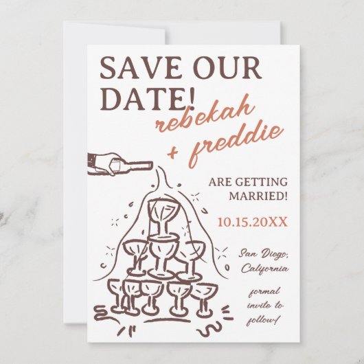 Handgeschreven Champagne Tower Bewaar de datum Kaart (Voorkant)