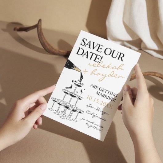 Handgeschreven Champagne Tower Bewaar de datum Kaart