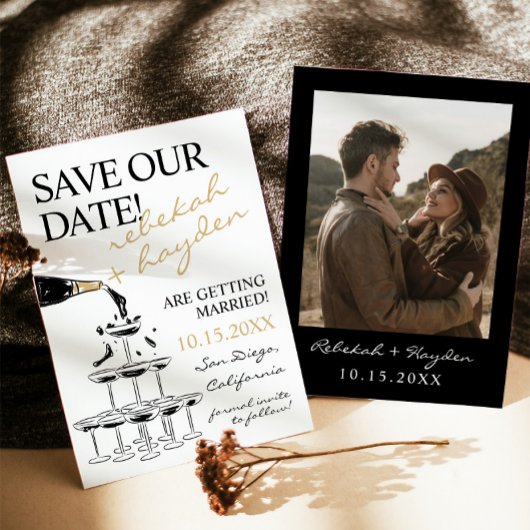 Handgeschreven Champagne Tower Bewaar de datum Kaart