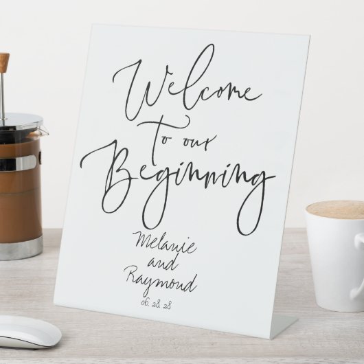 Handgeschreven cursief welkom bij ons begin reclamebord met voetstuk (Insitu)